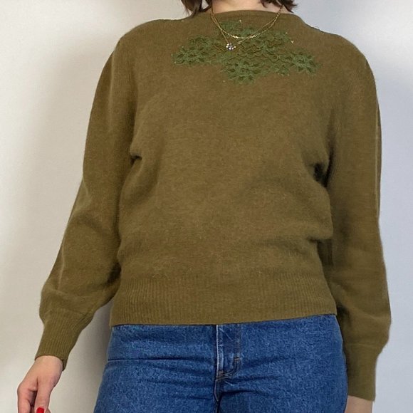 Vintage 80s Olive Green Wool & ANGORA! Medium - Picture 6 of 7